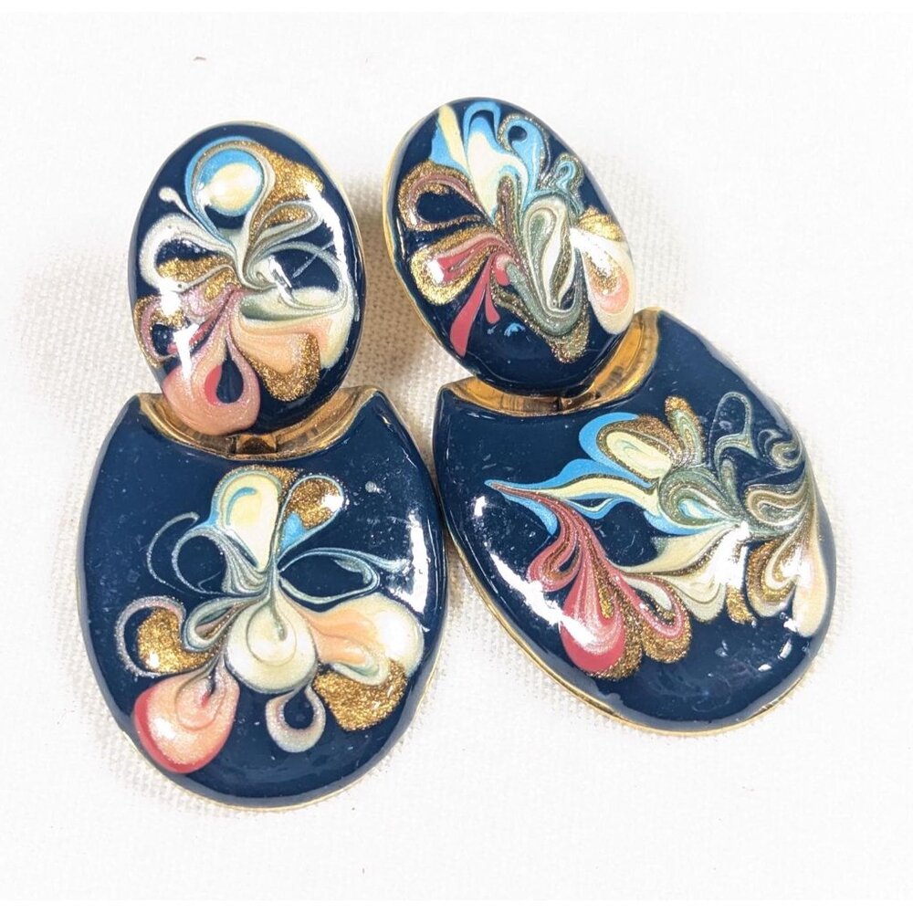 Vintage navy blue / gold swirl enamel clip earrings, 1980s business fashion